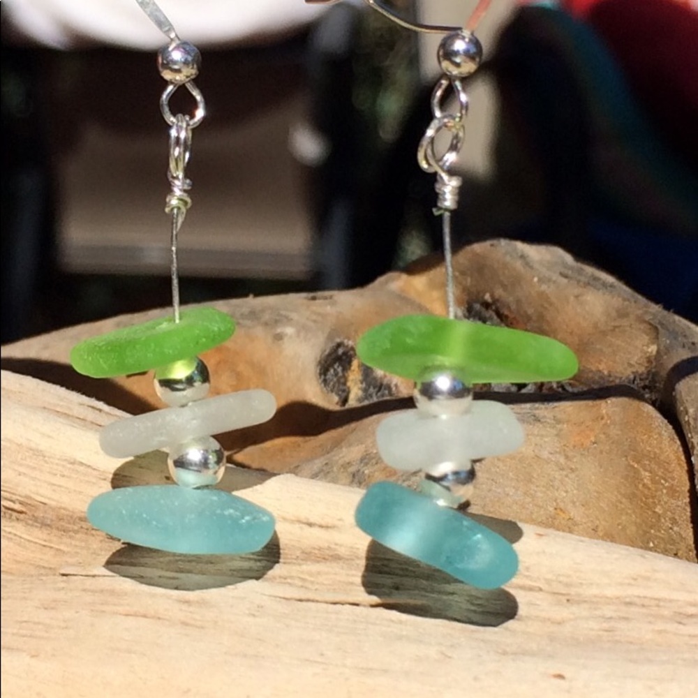 SEAGLASS Aqua Blue, Lime Green & Clear Earrings